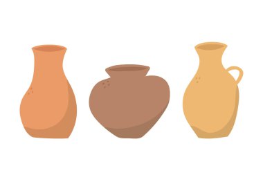 Renkli vazolar, tencere ve sürahiler çizilmiş. Doodle kil çömlek koleksiyonu