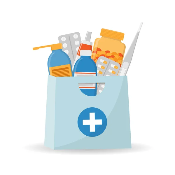 Saco de compras azul com diferentes comprimidos médicos e garrafas. Compras online, farmácia, farmácia. —  Vetores de Stock