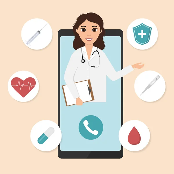 Médica pelo ecrã do telefone. Tele medicina, médico on-line e conceito de consulta médica. Serviços modernos de Saúde. Desenhos animados plano estilo ilustração vetorial —  Vetores de Stock