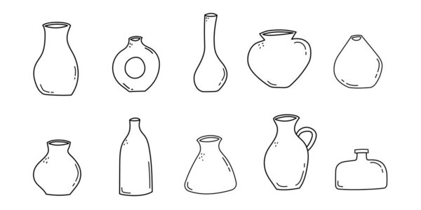 Set of hand drawn line art vases and pots. Doodle clay pottery collection