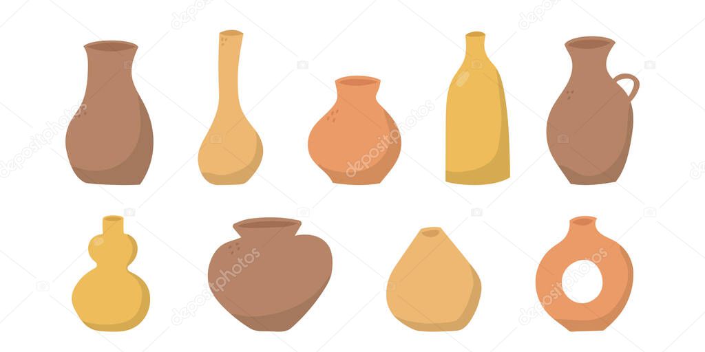 Set of hand drawn colorful vases and pots. Doodle clay pottery collection. Isolated vector illustration