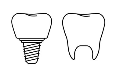 Çizgi sanatı, diş ve diş implantı stomatoloji ya da dişçilik şablonu için. Simge tasarımı
