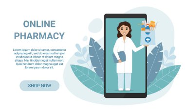 Çevrimiçi eczane iniş sayfası. Telefon ekranındaki kadın eczacı içinde ilaçlar olan çantayı tutuyor. Ev teslimatı eczane hizmeti kavramı