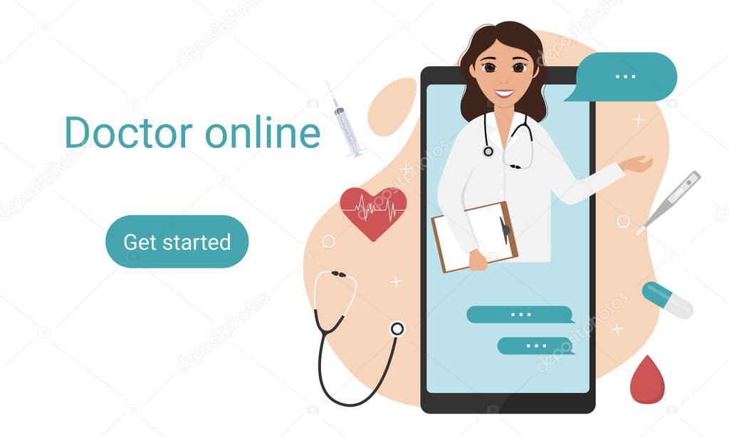 Online Health Care Services landing page. Female doctor through the phone screen. Tele medicine, online doctor and medical consultation concept. Flat cartoon style