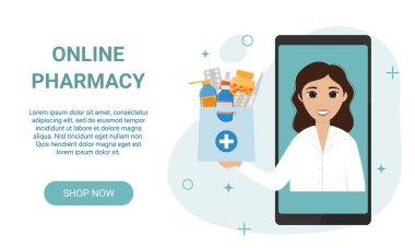 Çevrimiçi eczane iniş sayfası. Telefon ekranındaki kadın eczacı içinde ilaçlar olan çantayı tutuyor. Ev teslimatı eczane hizmeti kavramı