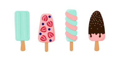 Bir sürü buzlu şeker. Poster, baskı, kart ve kıyafet dekorasyonu, gıda tasarımı ve dondurma dükkanı logosu için kullanılabilir