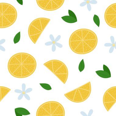Limonsuz desen. Beyaz arka planda limon dilimleri, yapraklar ve çiçekler