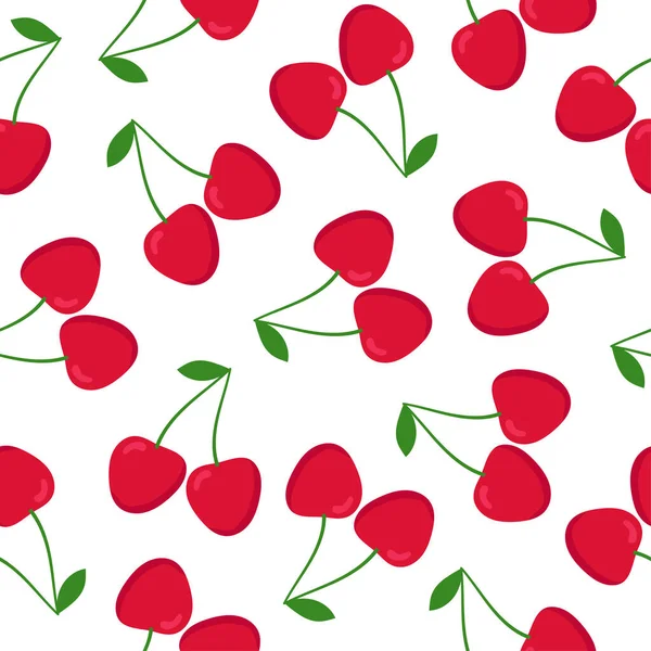 Cherry Seamless Pattern Red Cherries Green Leaves White Background Flat — Stock Vector