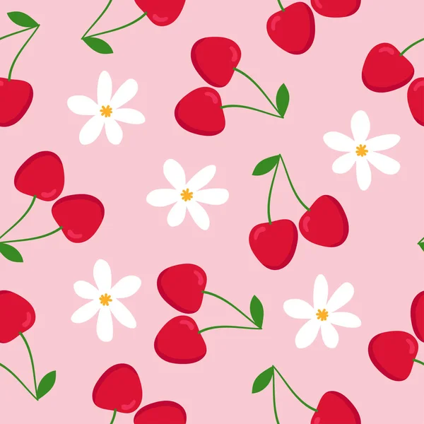 Cseresznye Nélküli Minta Piros Cseresznye Zöld Levelekkel Fehér Virágokkal Rózsaszín — Stock Vector