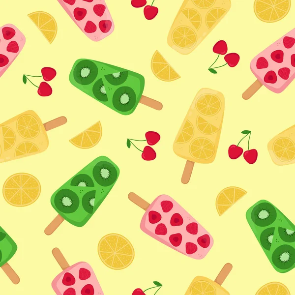Seamless Pattern Fruit Popsicle Fruit Ice Creams Cherries Fruit Slices — Stock Vector