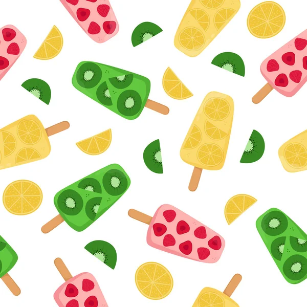 Seamless Pattern Fruit Popsicle Berry Fruit Ice Creams Fruit Slices — Stock Vector
