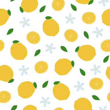 Limonsuz desen. Beyaz arka planda tam limon, dilimler, yapraklar ve çiçekler