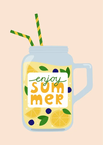 Enjoy Summer Card Lemonade Glass Straws Template Greeting Card Poster — Stock Vector