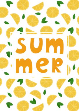 Poster, el yazısıyla yazılmış bir kart Summer. Limon dilimleri ve yapraklar arka plan