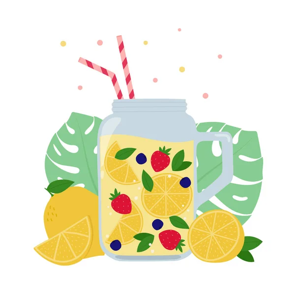 여름에는 빌베리와 마신다 Cartoon Fruit Beveragewith Monstera Leaves Background 일러스트 — 스톡 벡터