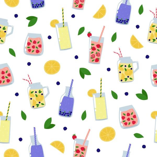 Summer Drinks Seamless Pattern Juices Lemonades Fruit Berries Leaves White — Stock Vector