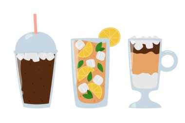 Bir dizi ferahlatıcı yaz içkisi. Karikatür buzlu kahve, buzlu latte ve buzlu soğuk çay.. 