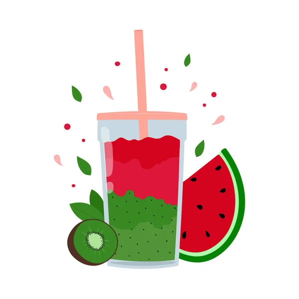 Wassermelone Und Kiwi Frucht Smoothie Glas Mit Stroh Frisches Getränk — Stockvektor