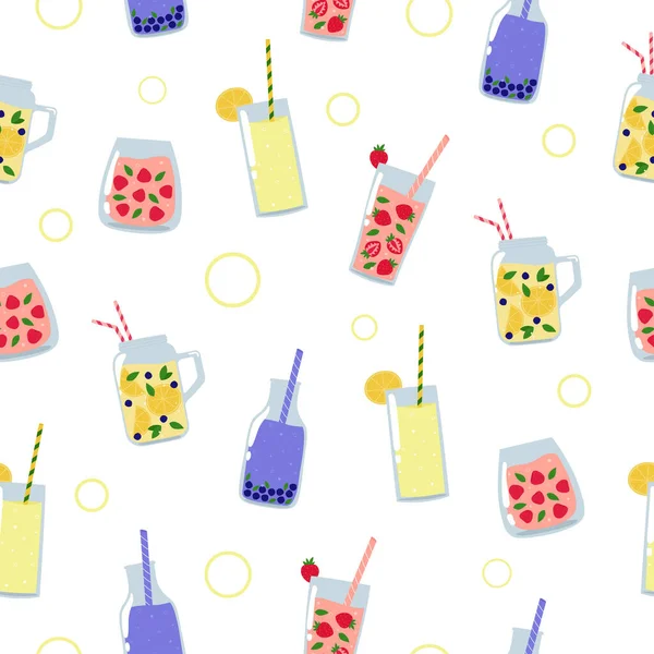 Summer Drinks Seamless Pattern Juices Lemonades Fruit Berries Leaves White — Stock Vector