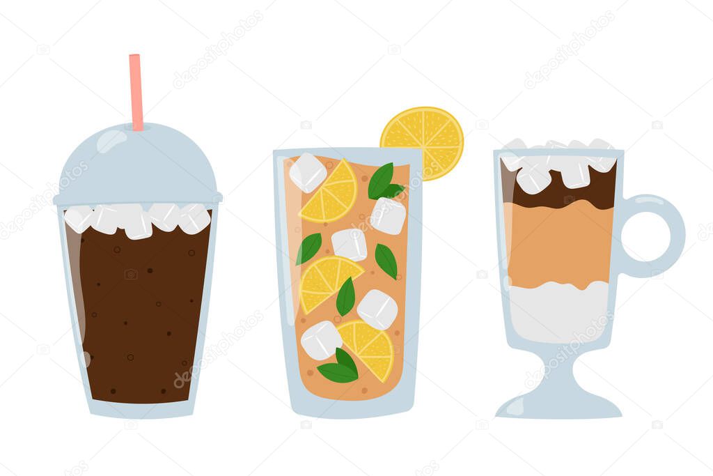 Set of refreshing summer drinks. Cartoon iced coffee, iced latte and cold tea with ice cubes.