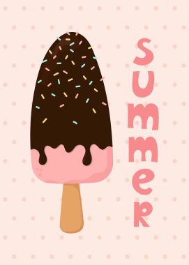 Dondurmalı yaz posteri. Çikolata soslu buzlu dondurma ve el yazması Summer. Poster, baskı, kart ve kıyafet dekorasyonu için kullanılabilir