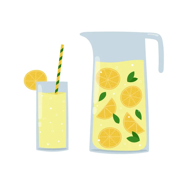 Limonada Jarro Copo Bebida Verão Desenhos Animados Com Folhas Limão —  Vetores de Stock