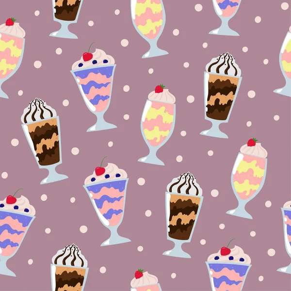Milkshakes Seamless Pattern Cartoon Summer Desserts Cream Purple Background — Stock Vector