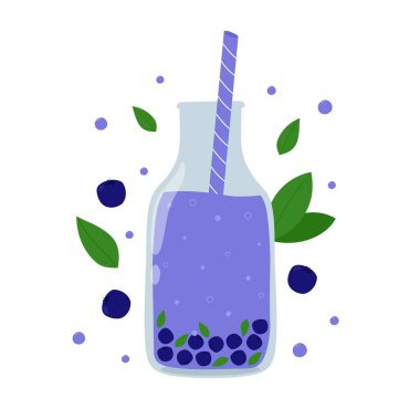 Yabanmersini smoothie tasarımı. Sağlıklı beslenme için cam şişede taze dut içeceği. Böğürtlenli yaz içeceği. İzole vektör illüstrasyonu 