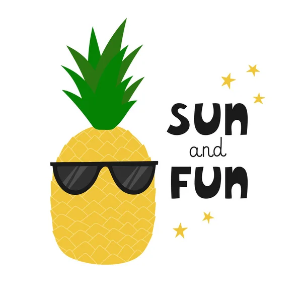 Sommerdesign Ananas Mit Sonnenbrille Karikatur Tropischer Früchte Und Handgezeichneter Text — Stockvektor