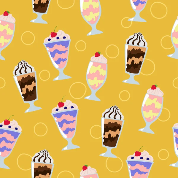 Milkshakes Seamless Pattern Cartoon Summer Desserts Cream Yellow Background Vector — Stock Vector