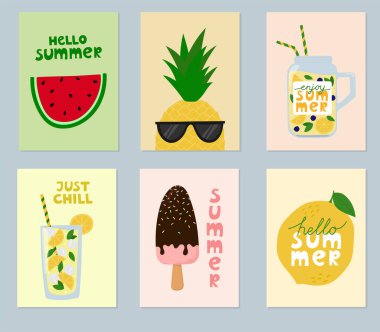 El yazısıyla çizilmiş yazlık posterler. Çizgi film, tropik meyve, dondurma, limonata. Poster, afiş, tebrik kartı, kapak kitabı. Vektör illüstrasyonu