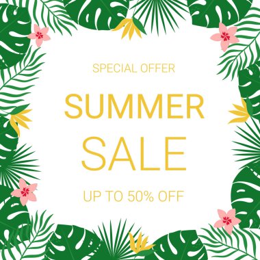 Tropikal yapraklar ve çiçek çerçeveli yaz indirimi afişi. Sosyal medya, broşür ve poster için şablon. Vektör illüstrasyonu