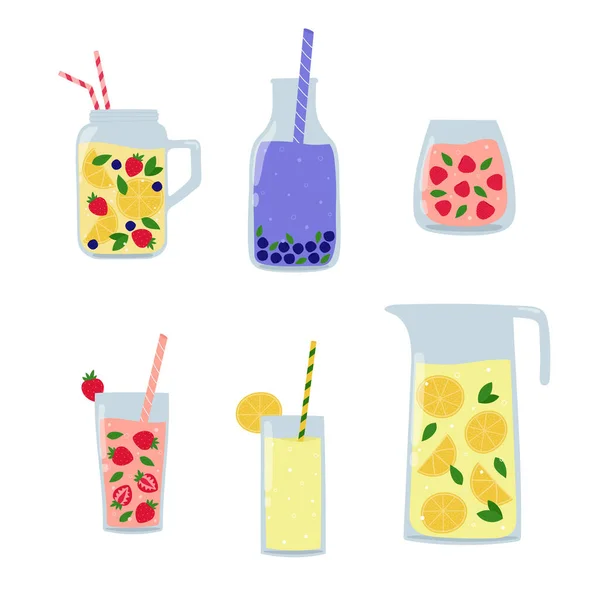 Een Paar Zomerdrankjes Vruchten Bessen Dranken Glas Fles Kan Cartoon — Stockvector