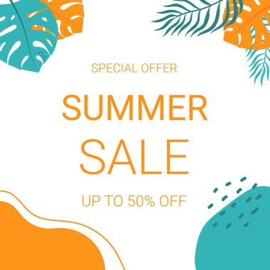 Soyut şekilleri ve tropikal yaprakları olan yaz indirimi afişleri. Sosyal medya, broşür ve poster için şablon. Vektör illüstrasyonu