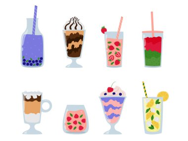 Yaz içecekleri koleksiyonu. Bardakta, şişede ya da sürahide meyve ya da çilek içecekleri. Çizgi film meyve suyu, limonata, milkshake, buzlu latte. İzole vektör illüstrasyonu. 