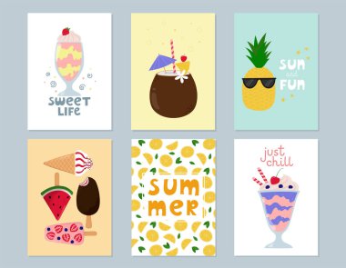 El yazısıyla çizilmiş yazlık posterler. Çizgi film, tropik meyve, dondurma, milkshake. Poster, afiş, tebrik kartı, kapak kitabı. Vektör illüstrasyonu