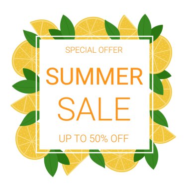 Limonlu ve yapraklı yaz indirimi afişi. Sosyal medya, broşür ve poster şablonu