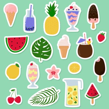 Yaz çıkartmaları koleksiyonu. Yaz içecekleri, meyve, böğürtlen, dondurma tropikal yapraklar. İzole vektör illüstrasyonu. 