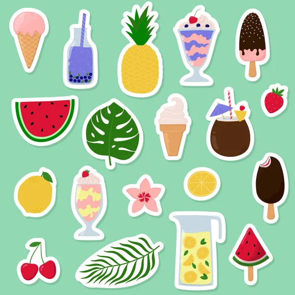 Summer Stickers Collection Summer Drinks Fruit Berries Ice Creams Tropical — Stock Vector