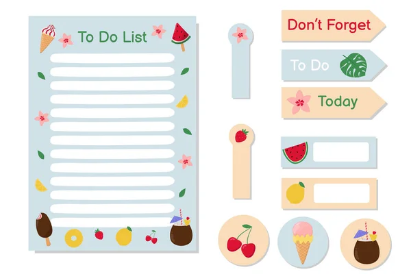 Kolekce Samolepky Seznam Úkolů Roztomilými Letními Předměty Barevná Zmrzlina Ovoce — Stockový vektor