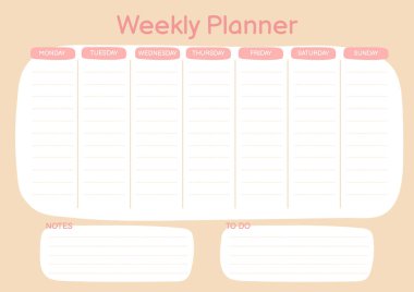 Pembe renkli haftalık planlamacı. Düz çizgi. Defter, ajanda, günlük, organizatör, program için iyi. Vektör illüstrasyonu