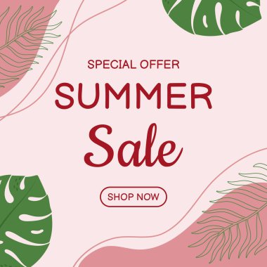 Tropikal yapraklar ve indirimli metinlerle birlikte yaz indirimi afişi. Sosyal medya, afiş, poster, broşür. Vektör illüstrasyonu