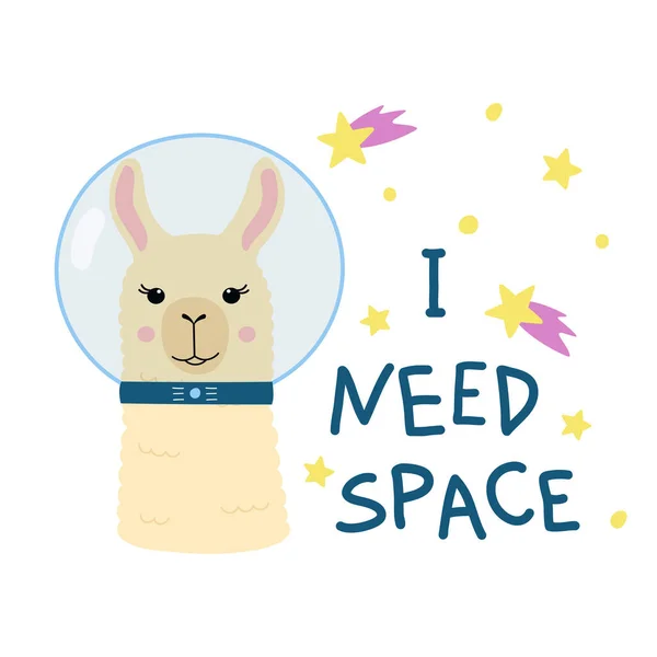 Cute Llama Space Cartoon Alpaca Astronaut Suit Stars Hand Drawn —  Vetores de Stock