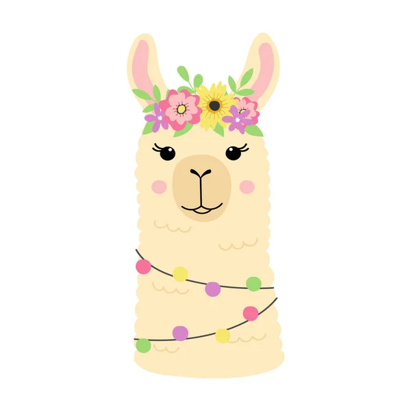 Cute Llama Head Funny Alpaca Flower Crown Template Nursery Design — Stock vektor