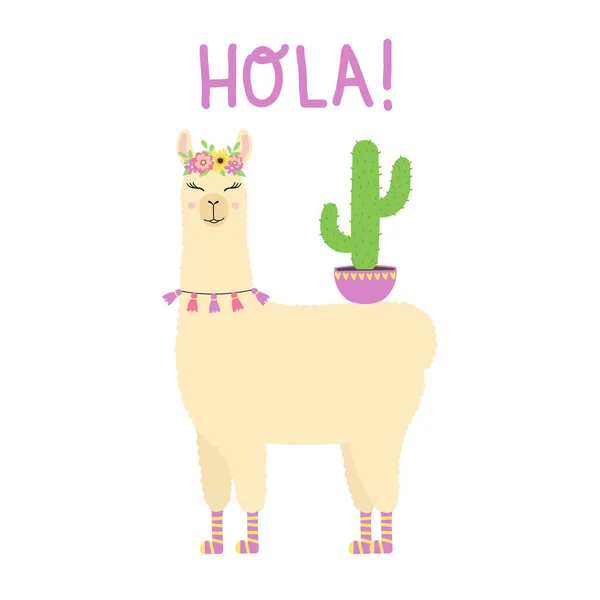 Cute Llama Standing Cactus Cartoon Alpaca Flower Crown Hand Drawn — Stock vektor