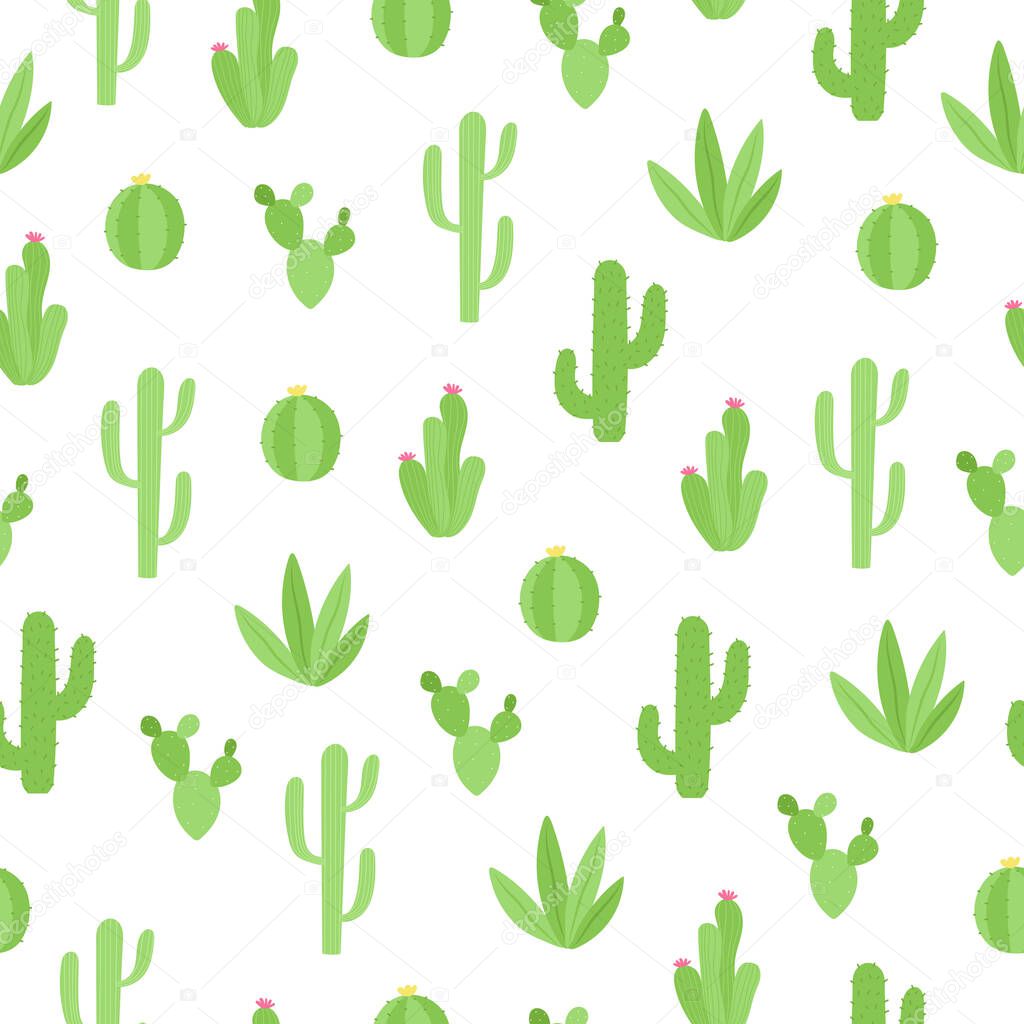 Cactus seamless pattern. Cartoon pastel cacti with blossoms and spikes on white background.