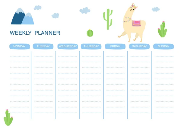 Weekly Planner Cute Llama Cactuses Doodle Flat Style Good Notebook — Stockvector