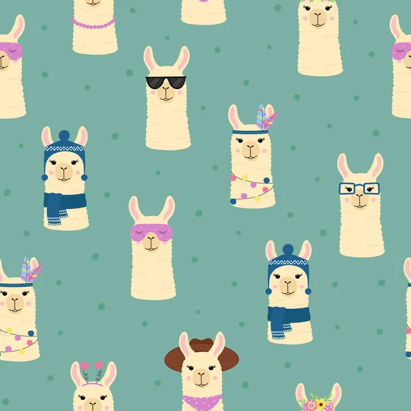 Cute Llama Heads Seamless Pattern Funny Alpacas Different Accessories Blue — Stok Vektör