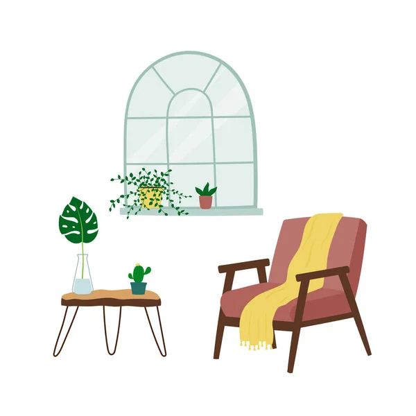 Projektowanie Wnętrz Salonu Fotelem Oknem Stołem Roślinami Modna Kompozycja Domowymi — Wektor stockowy