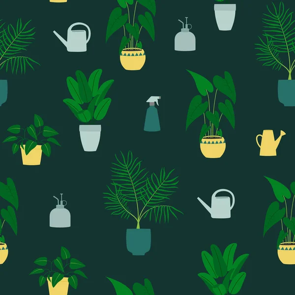 Seamless Pattern Potted Plants Gardening Tools Cartoon Colorful Plants Dark — Stockvektor
